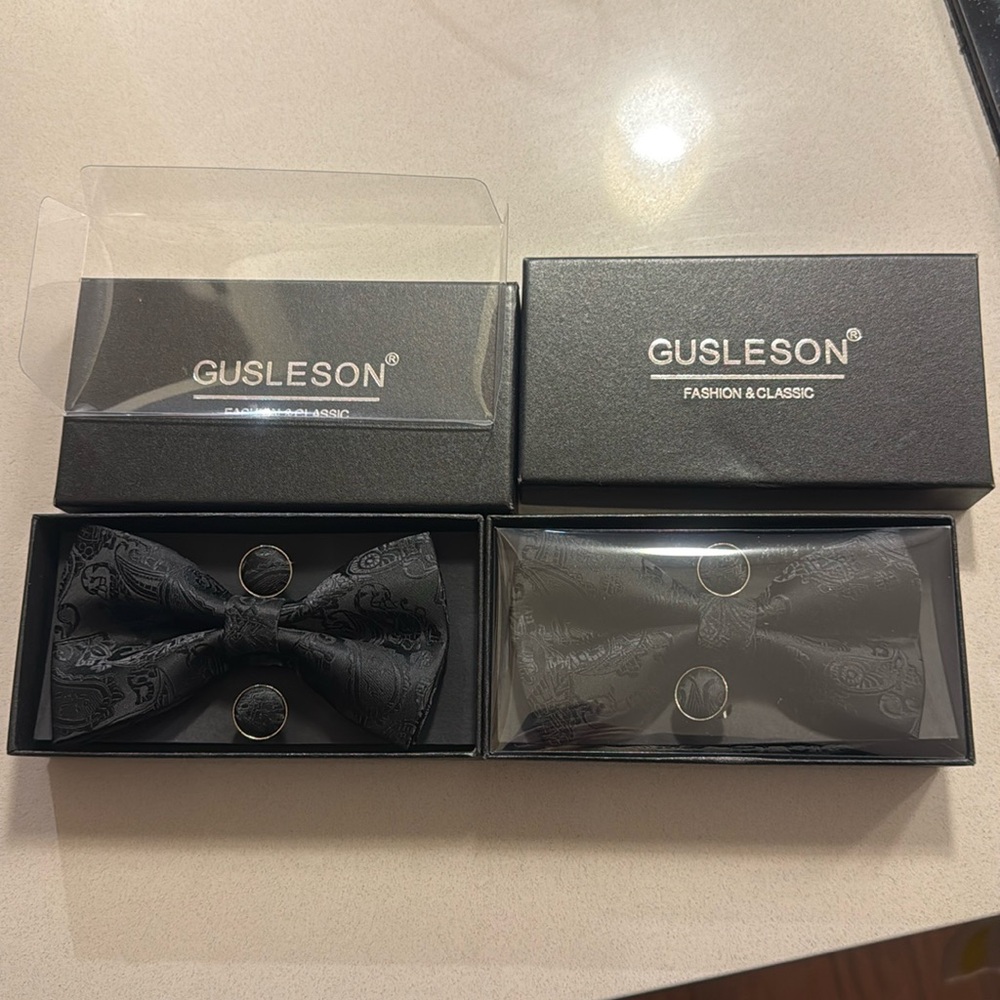 GUSLESON Mens Paisley Bow Tie, Handkerchief, Pocket Square & Cufflinks Set